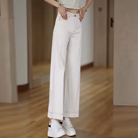 米白色丝滑天丝棉九分休闲直筒裤女夏季薄款时尚西装裤宽松阔腿裤商品大图