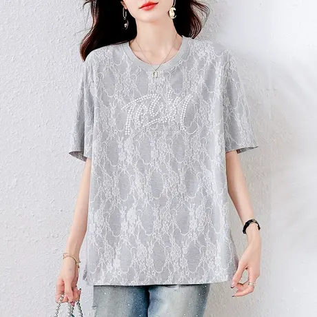 短袖t恤女夏季新款宽松加肥加大码中年妈妈洋气蕾丝拼接显瘦体恤图片
