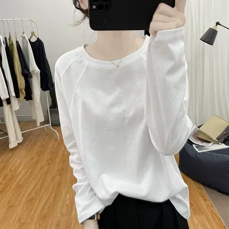 纯棉长袖白色T恤女2024秋圆领宽松上衣复古基础款打底衫拼缝体恤图片
