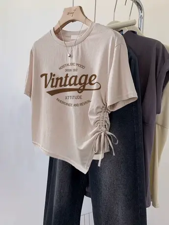 hiphop潮牌不规则女装T恤女美式复古短款短袖ins潮设计感抽绳上衣商品大图