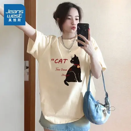 KMV真维斯纯棉短袖t恤女夏季2025新款宽松透气大码美式打底衫上衣图片