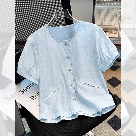 拉夏贝尔亚麻肌理感短袖衬衫女夏季2025新款休闲减龄气质衬衣小衫图片