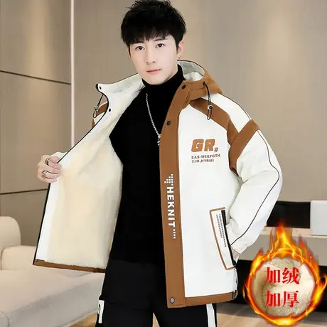 青少年外套男士冬季新款加绒加厚连帽潮流拼色工装夹克冲锋衣棉衣图片