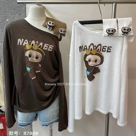 韩国东大门夏季新款时尚减龄可爱印花斜肩长袖上衣女宽松慵懒百搭商品大图