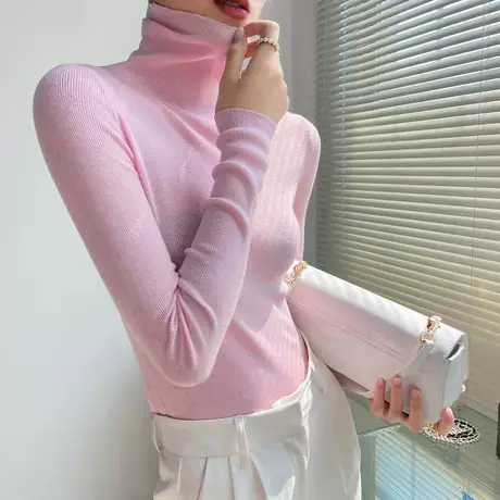 细羊毛针织衫女秋冬软糯毛衣长袖内搭高领打底衫贴身糖果色t恤ins图片