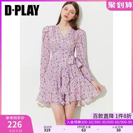 DPLAY2023新度假风茶歇系带蝴蝶结V领紫调雏菊印花连衣裙野餐裙图片