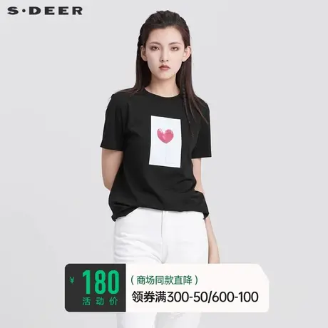 sdeer圣迪奥女装夏简约圆领少女撞色印花基本款正肩T恤S22280183🌯商品大图