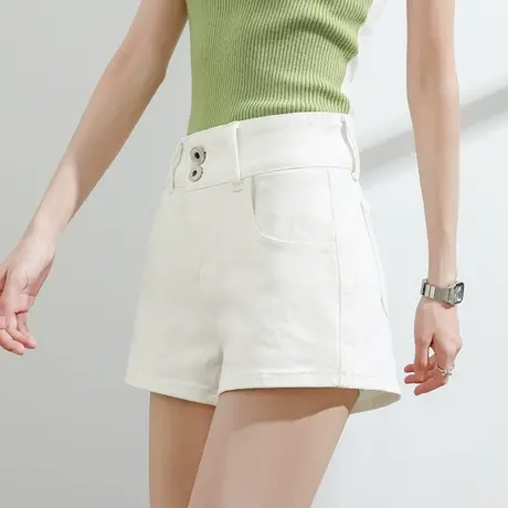双扣高腰a字牛仔短裤女夏季薄款宽松直筒白色休闲辣妹显瘦热裤子商品大图