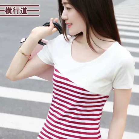 横行道条纹圆领短袖女t恤半袖棉质修身拼接条纹大码体恤女装上衣商品大图