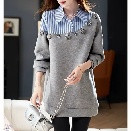 宝诗黎假两件条纹拼接长袖卫衣2025春季韩系宽松休闲棉质中长上衣商品大图