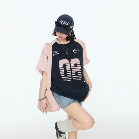 2025夏季新款撞色宽松印花短袖T恤男女同款潮酷ins街头风半袖上衣图片
