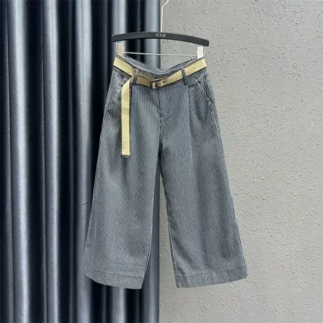 条纹设计垂感休闲高腰直筒显瘦阔腿裤欧货女夏新款韩版潮流八分裤图片