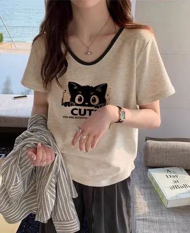 高级感小V领女装T恤2024新款夏季百搭短款上衣ins潮韩系大码短袖图片