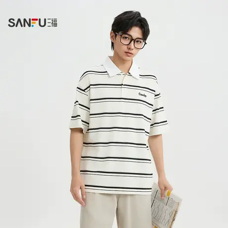 三福2025夏季男士条纹POLO领短T恤 时尚翻领微落上衣男502252商品大图
