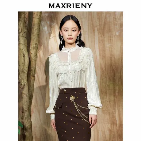【奥莱】MAXRIENY米杏色拼接立体丝绒衬衫秋季上衣女图片
