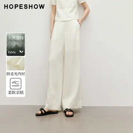 红袖2025夏季新款女装天丝亚麻后松紧一粒扣阔腿长裤商品大图