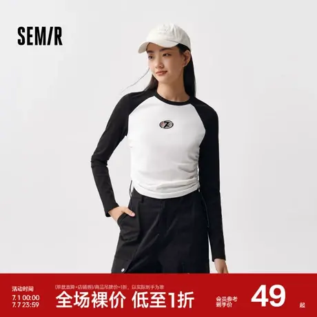 森马长袖T恤女撞色圆领刺绣抽绳上衣个性春季盐系修身套头衫潮酷图片