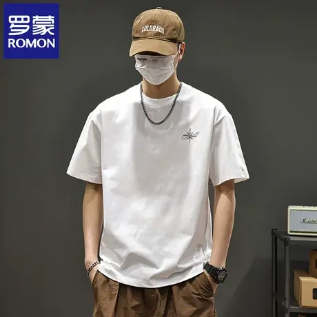 罗蒙夏季男士宽松圆领T恤宽松休闲潮流刺绣纯棉上衣男2025新款N1Z图片