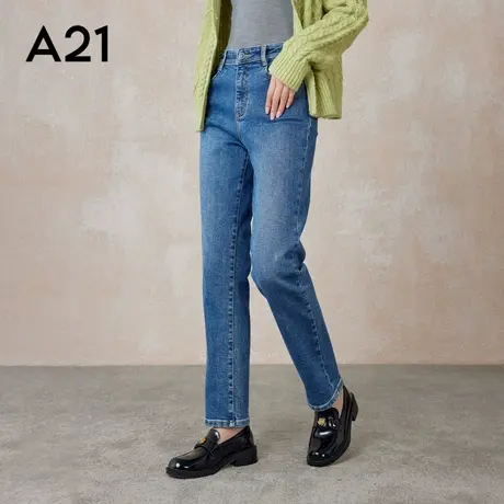A21女装合体弹力高腰小直筒牛仔裤春季新品休闲简约百搭九分裤子图片