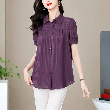 高端条纹衬衫女中长款短袖衬衣夏季新款妈妈雪纺上衣宽松小衫大码图片