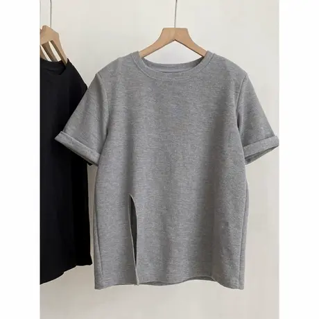 洋气时髦圆领短袖T恤女夏季宽松韩版百搭设计感小众开叉下摆上衣商品大图