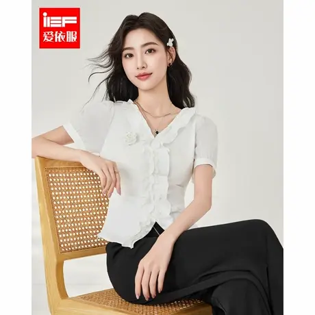 IEF/爱依服2025夏季新款法式小资优雅衬衫女短袖甜美浪漫白色衬衣商品大图