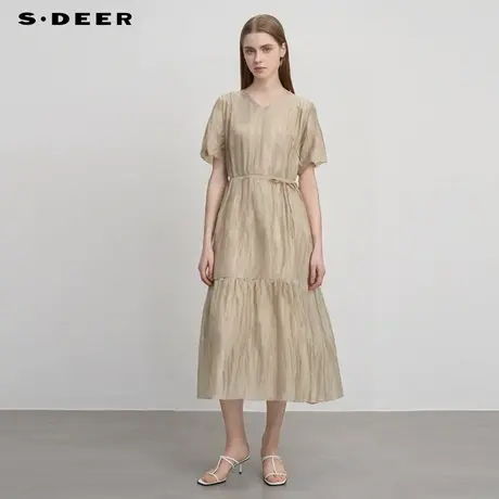 sdeer圣迪奥女装田园风V领压褶收腰短袖连衣裙S252Z1213商品大图