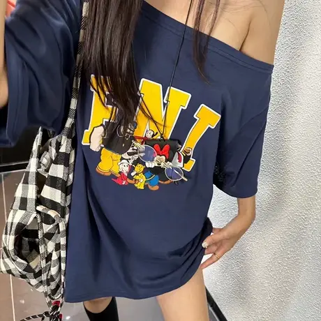 韩国东大门夏季新款美式复古卡通印花斜肩短袖T恤女百搭宽松上衣商品大图