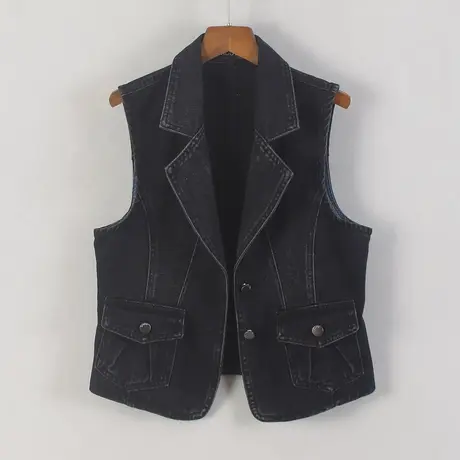 牛仔马甲女短款显瘦夏新款春秋无袖外套背心西装领收腰马夹黑口袋商品大图