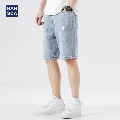汉斯卡牛仔短裤男夏季薄款宽松直筒破洞潮流休闲大码纯棉浅色中裤商品大图