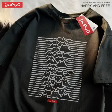 悦游 猫群山 卡通纯棉潮流夏季旅行山川猫咪线条短袖T恤男潮牌商品大图