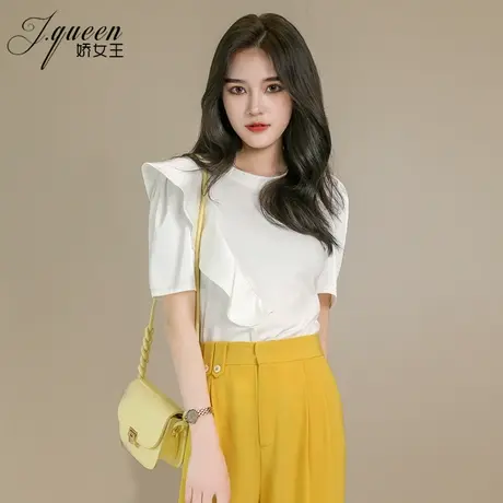 短袖T恤女士夏季新款时尚设计感荷叶边圆领泡泡袖修身显瘦体恤衫图片