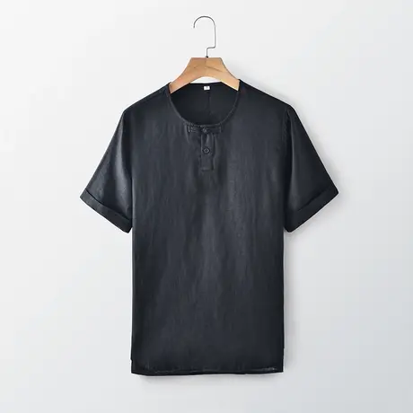 亚麻短袖衬衫男黑色休闲立领宽松百搭2024夏季新款男士衬衣外套潮图片