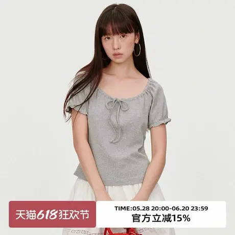 omont蛋挞家 纯棉圆领灰色提花短袖T恤2025春设计感修身针织上衣商品大图