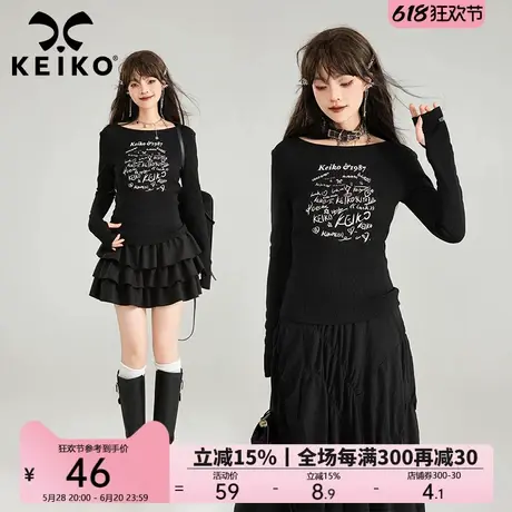 KEIKO 复古字母印花修身长袖t恤25春季内搭外穿显瘦打底针织上衣图片