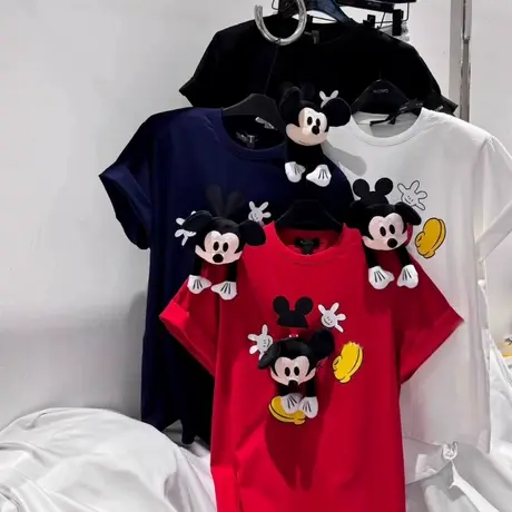 韩国东大门夏季新款甜美可爱卡通印花立体玩偶圆领垫肩短袖T恤女商品大图