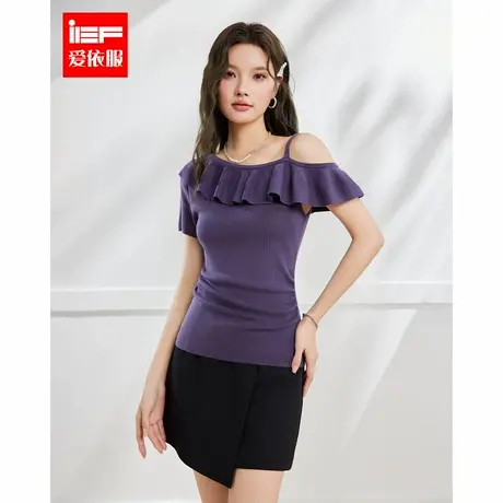 IEF/爱依服2025夏季新款法式成熟优雅气质荷叶边设计露肩毛织上衣图片