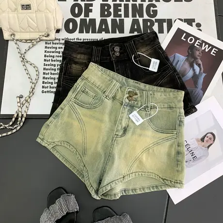 韩版复古磨白牛仔短裤女2024夏新款显瘦百搭高腰裤弹力包臀辣妹裤商品大图