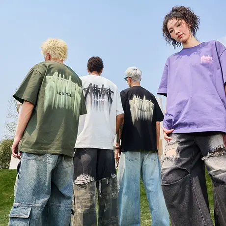 Nuthink宽松大码潮牌字母短袖T恤复古印花美式重磅男女2025夏新款图片