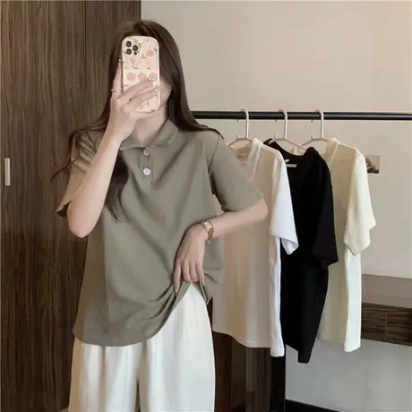 chic港味短袖T恤女夏季百搭宽松显瘦韩版华夫格POLO领上衣体恤潮商品大图