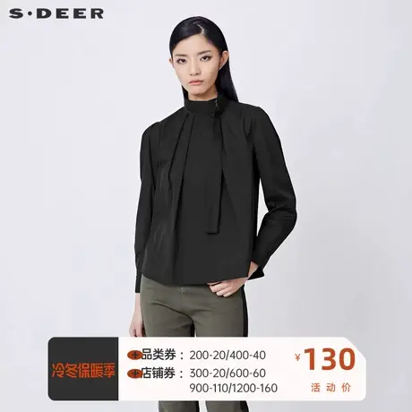sdeer圣迪奥女装时尚立领压褶不规则黑色长袖衬衫S21460513图片