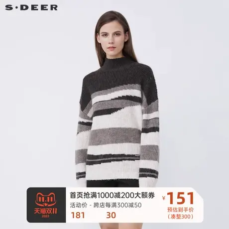sdeer圣迪奥女装半高领撞色落肩袖宽松针织衫S21463537图片