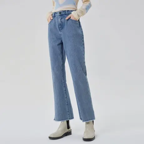 艾莱依阔腿牛仔裤早春新款时尚简约肌理感开叉显瘦直筒宽松休闲裤商品大图