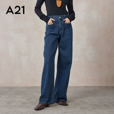 A21女装牛仔长裤春秋季百搭宽松休闲中性风简约复古直筒显高长裤图片