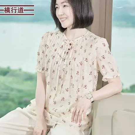 圆领系带碎花短袖上衣法式休闲衬衫宽松夏季女装外穿2025新款衬衣商品大图