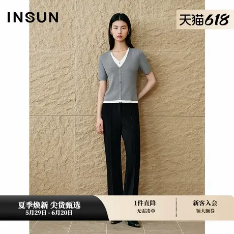 INSUN恩裳专选2025春季褶裥设计通勤直筒休闲裤图片