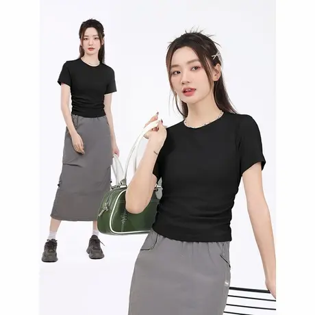 KWV真维斯短款短袖t恤女上衣2025新款夏正肩修身卡腰紧身高端内搭商品大图