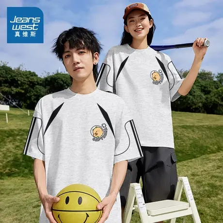 G2真维斯男女同款夏季新款重磅纯棉宽松插肩这休闲圆领短袖T恤女商品大图