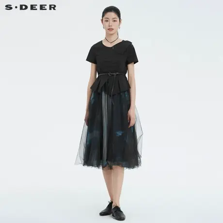 sdeer圣迪奥女装圆领网纱印花收腰短袖连衣裙S222Z1204商品大图