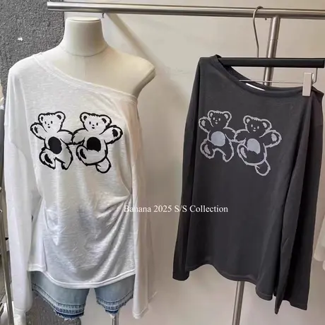韩国东大门夏季新款卡通小熊防晒罩衫上衣女宽松斜肩露肩长袖T恤商品大图
